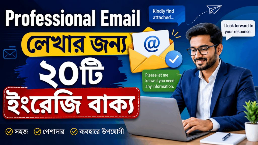 Professional Email লেখার জন্য সবচেয়ে দরকারি ২০টি ইংরেজি বাক্য শিখুন। অফিস, চাকরি, ক্লায়েন্ট ও ব্যবসায়িক ইমেইল লেখার সহজ ও প্রফেশনাল গাইড।