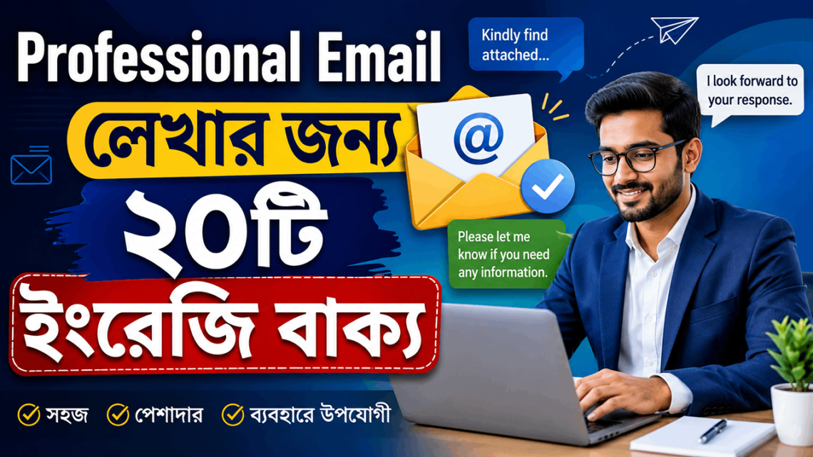 Professional Email লেখার জন্য সবচেয়ে দরকারি ২০টি ইংরেজি বাক্য শিখুন। অফিস, চাকরি, ক্লায়েন্ট ও ব্যবসায়িক ইমেইল লেখার সহজ ও প্রফেশনাল গাইড।