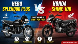 Hero Splendor Plus vs Honda Shine 100 comparison thumbnail featuring both commuter motorcycles side by side with a bold VS design, highlighting mileage, performance, price, and reliability.