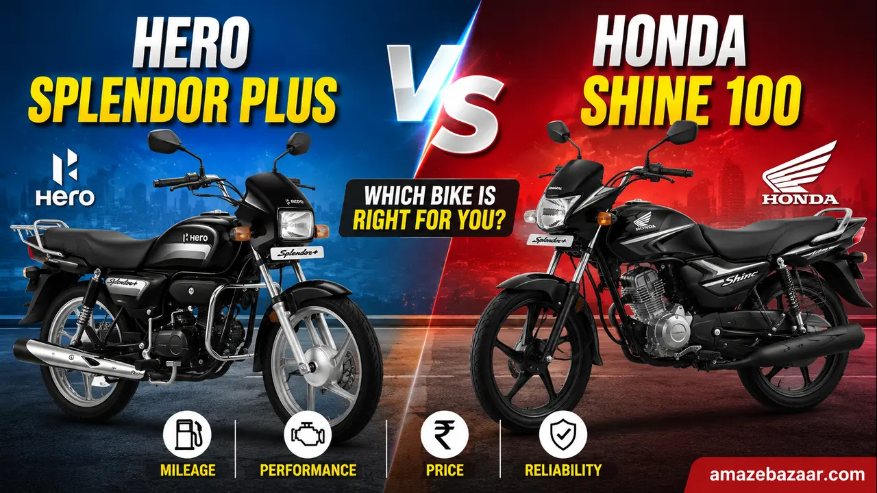 Hero Splendor Plus vs Honda Shine 100 comparison thumbnail featuring both commuter motorcycles side by side with a bold VS design, highlighting mileage, performance, price, and reliability.