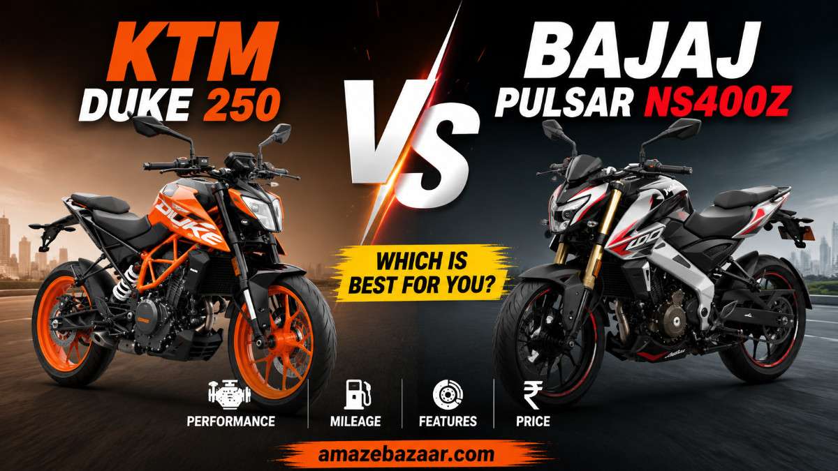 KTM Duke 250 vs Bajaj Pulsar NS400Z comparison thumbnail showing both motorcycles side by side with performance, mileage, features, and price highlight