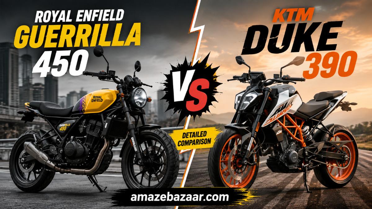 Royal Enfield Guerrilla 450 vs KTM Duke 390 comparison thumbnail showing both motorcycles side by side with a VS graphic for a detailed performance, features, specifications, and price comparison.