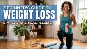 Beginner starting a healthy weight loss journey with nutritious food, exercise, and sustainable lifestyle habits.