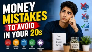 Young adult thinking about financial planning with the text “Money Mistakes to Avoid in Your 20s,” alongside icons representing debt, impulse buying, saving, investing, and emergency funds.