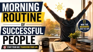 A person stretching in front of a sunrise with a productivity desk setup, illustrating the morning routine of successful people for better focus and success.