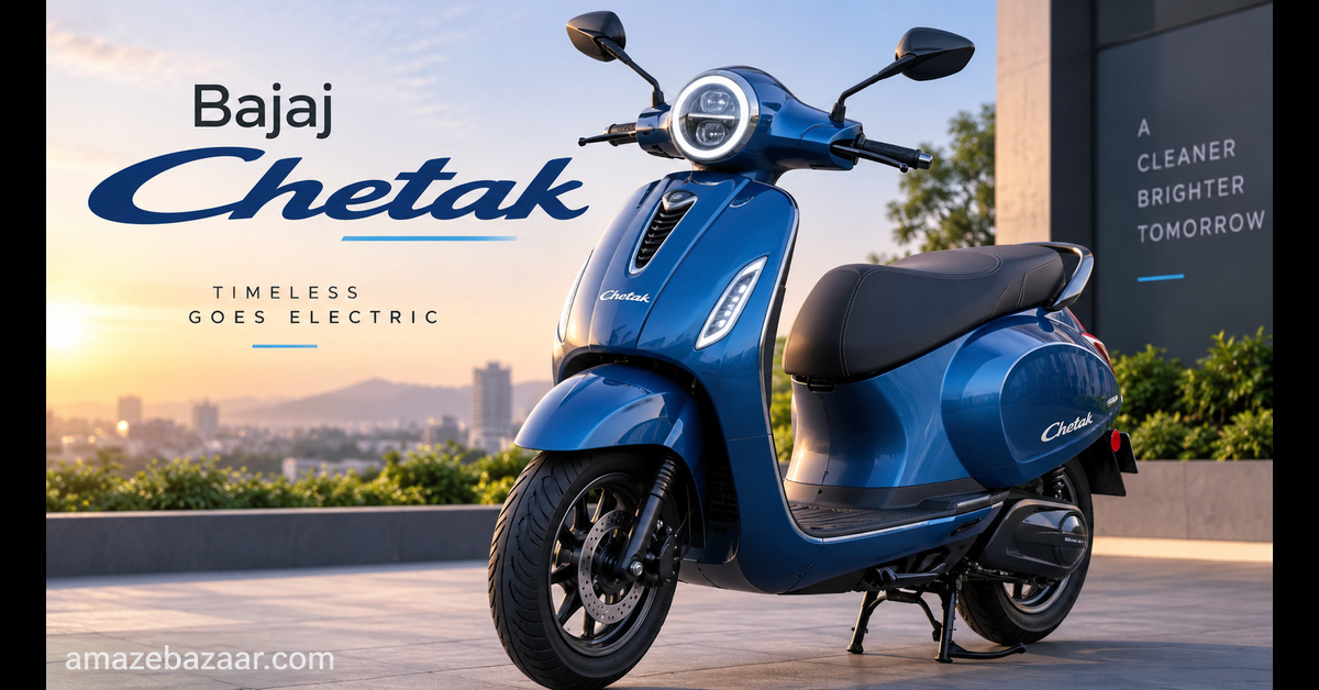 Bajaj Chetak electric scooter parked outdoors showing premium design and LED headlamp.
