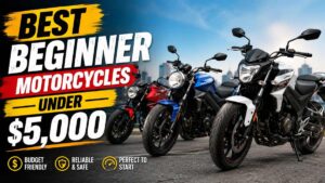 New rider sitting on a lightweight beginner cruiser motorcycle, one of the best beginner motorcycles under $5,000