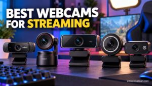 A collection of modern streaming webcams displayed on a desk with a gaming setup in the background, highlighting the best webcams for streaming in 2026.