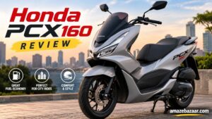 Silver Honda PCX160 premium scooter parked outdoors showing its modern design, LED headlights, and sporty styling for a detailed review article.