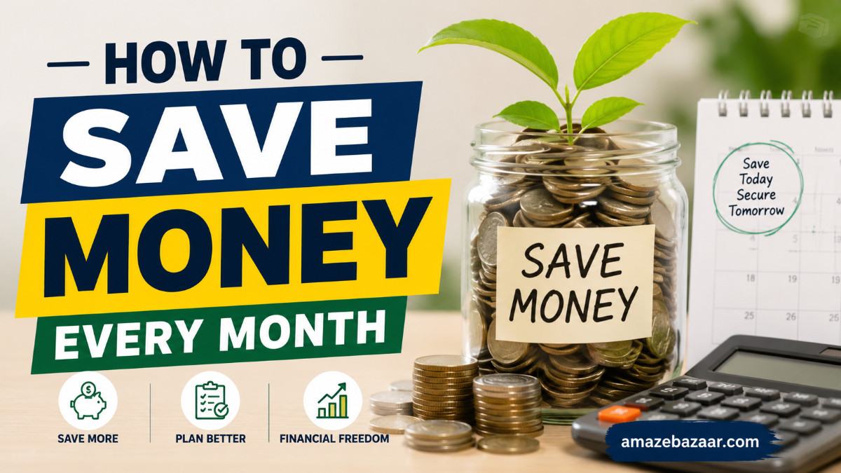 Illustration of a piggy bank surrounded by gold coins and an upward growth arrow, representing tips on how to save money every month