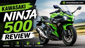 Kawasaki Ninja 500 sportbike parked outdoors, side view showing its trellis frame, dual headlights, and sport fairing