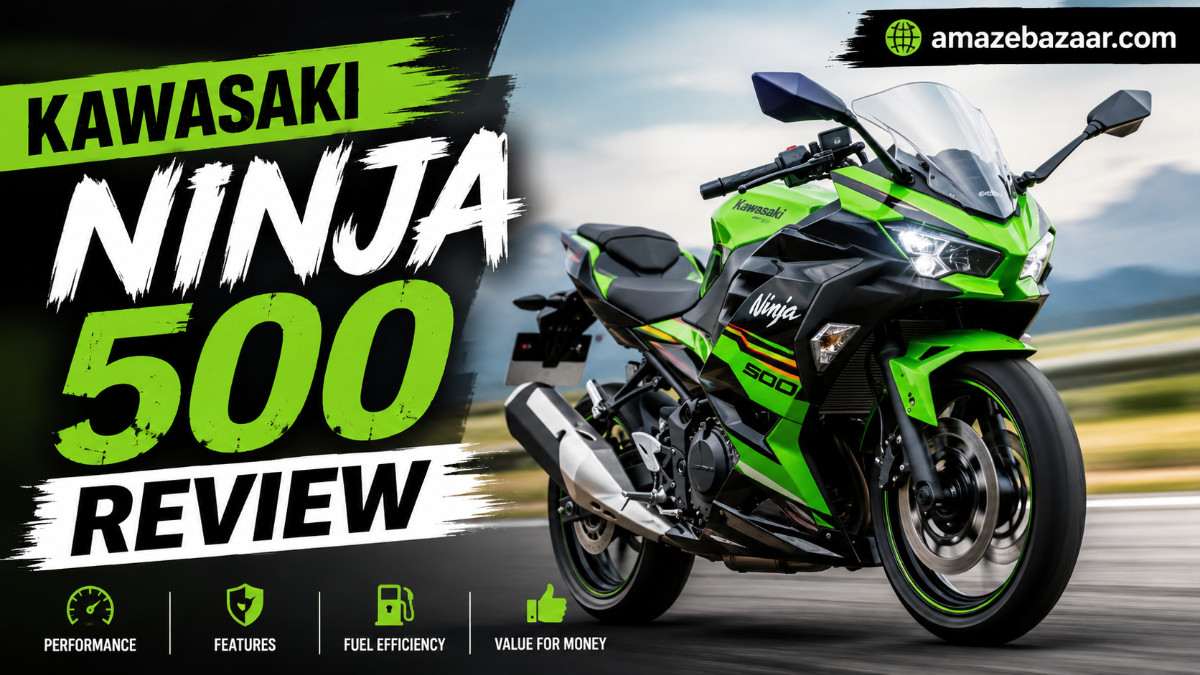 Kawasaki Ninja 500 sportbike parked outdoors, side view showing its trellis frame, dual headlights, and sport fairing