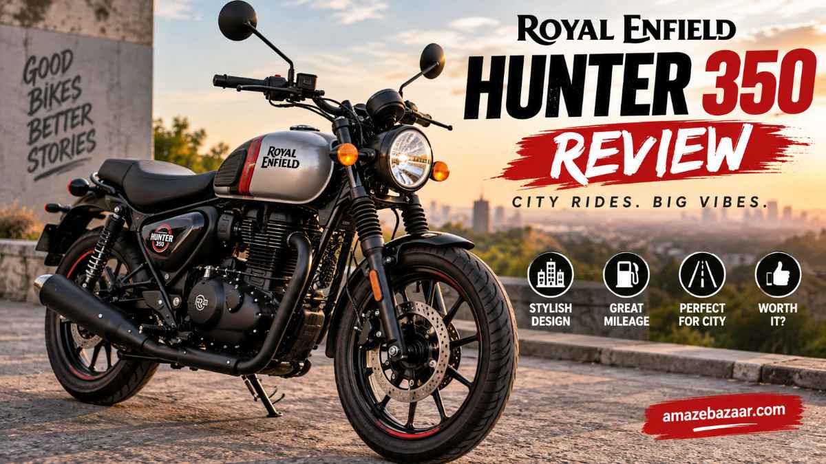 Royal Enfield Hunter 350 motorcycle parked on a city street showcasing its retro-modern design, 349cc engine, alloy wheels, and compact roadster styling.