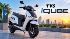 TVS iQube electric scooter parked outdoors showing premium design and LED lighting.