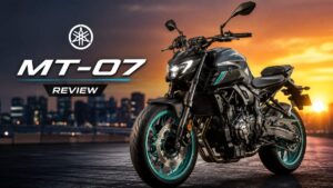 Yamaha MT-07 parked on a city street at sunset, highlighting its aggressive naked bike design for a detailed review.
