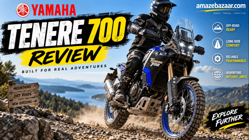 Yamaha Tenere 700 adventure motorcycle riding on a rocky mountain trail during an off-road review.