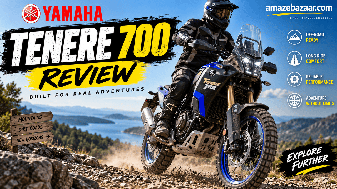 Yamaha Tenere 700 adventure motorcycle riding on a rocky mountain trail during an off-road review.