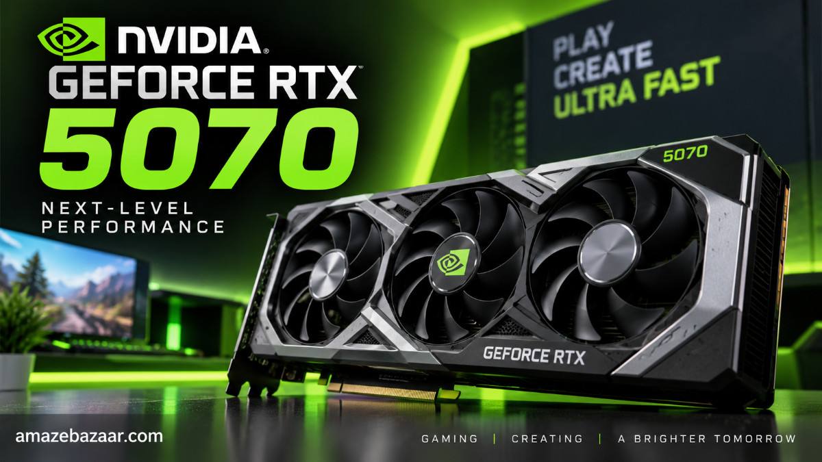 NVIDIA GeForce RTX 5070 graphics card with triple-fan cooling design for high-end 1440p and 4K gaming performance.