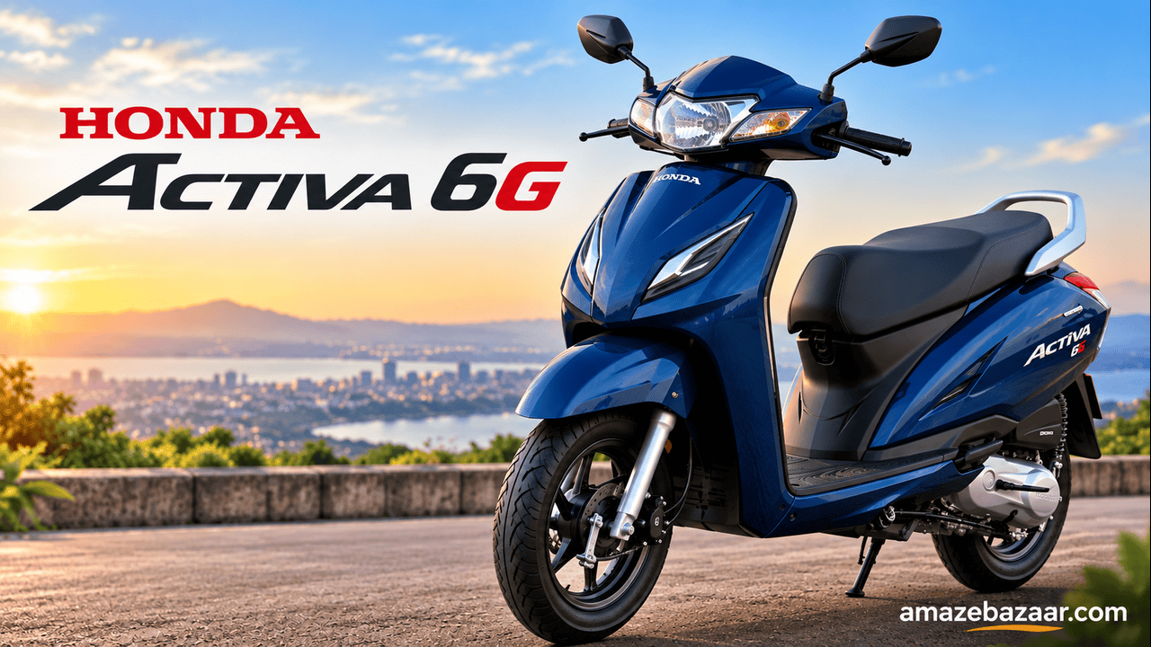 Honda Activa 6G scooter parked at a scenic viewpoint for detailed review.